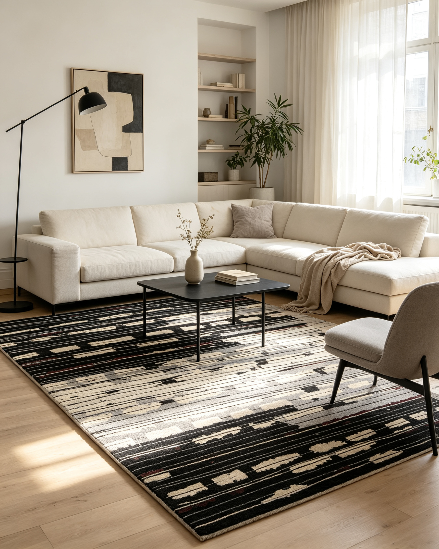 Monochrome Black Ivory Abstract Brushstroke Horizontal Stripe Wool Rug
