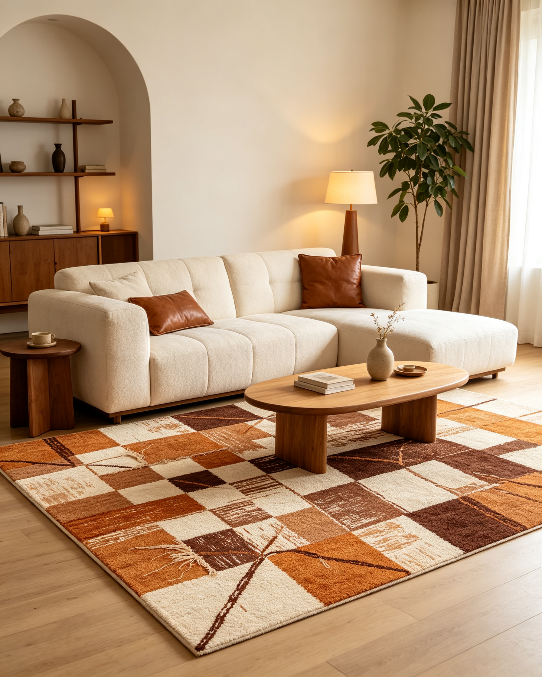 Patchwork Geometric Terracotta Fringed Wool Area Rug